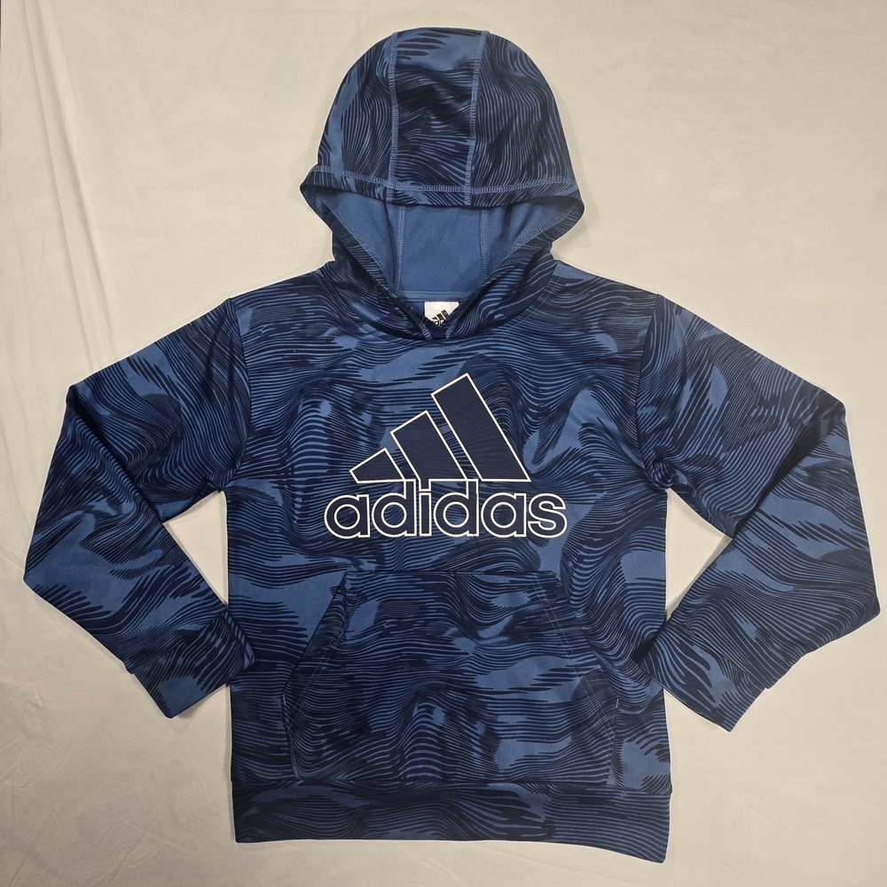 Adidas Hoodie Blue Warp Camo Allover Print Pullover Hoodie Boys Size‎ Med(10/12)